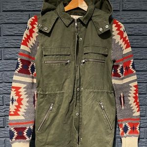 Thread & Supply Jacket Khaki Green Knit Aztec Sleeves Womens Utility Jacket